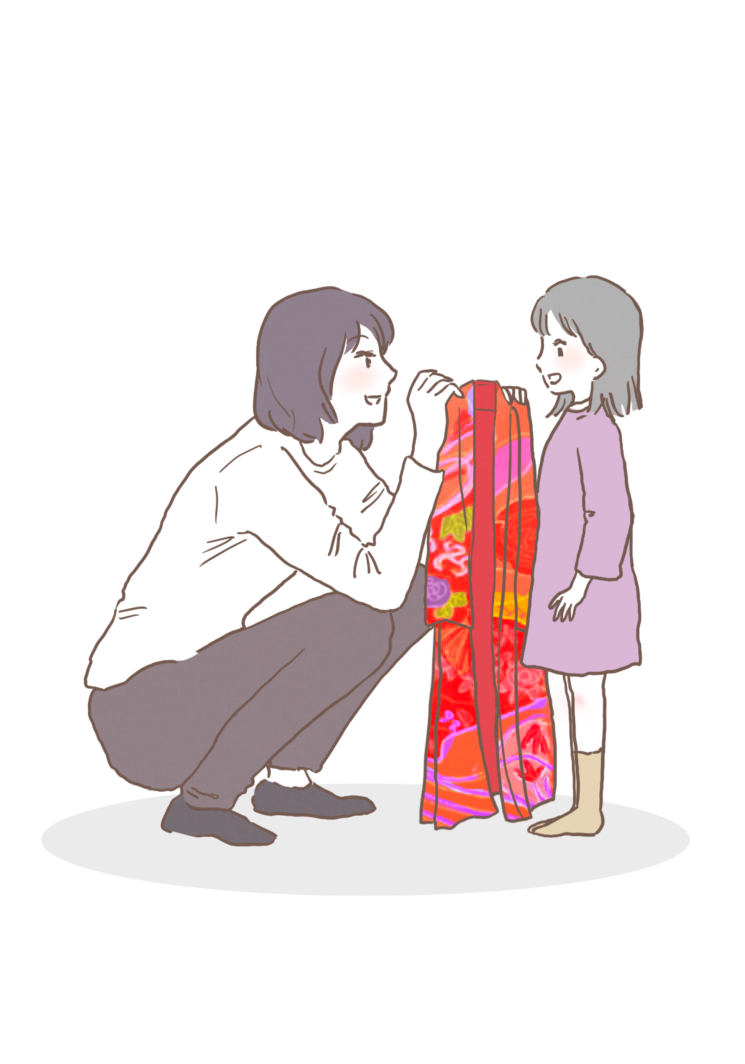 自宅で下見プランで着物をあわせている親子